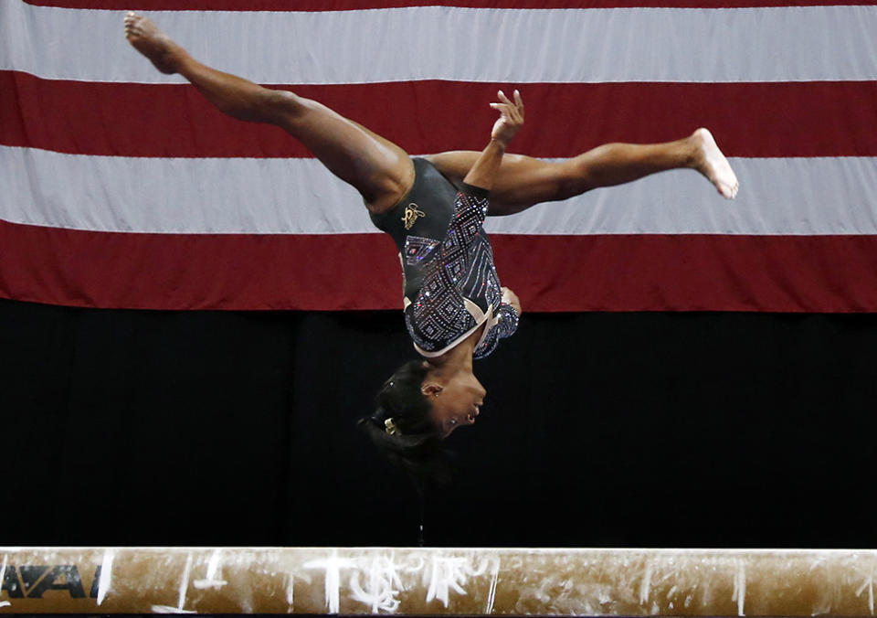 <p>Simone Biles competes on the balance beam at the U.S. Gymnastics Championships on Aug. 17, 2018, in Boston.</p>