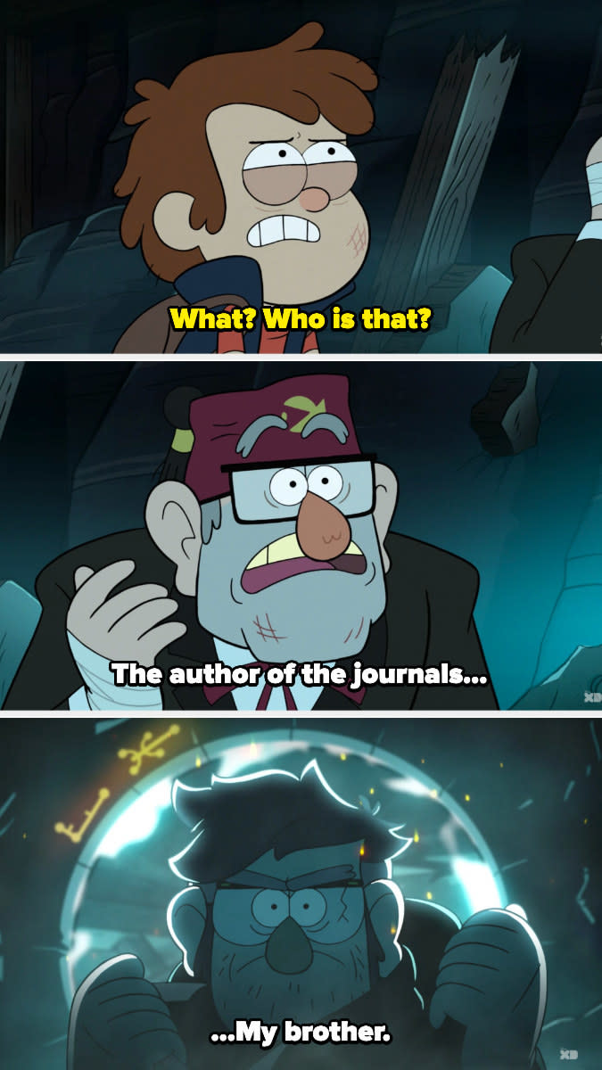Dipper asking, "Who is that?" and Stan responding, "The author of the journals, my brother"