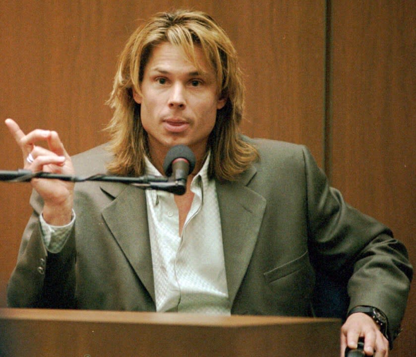 FILE – Witness Brian “Kato” Kaelin testifies under direct examination during O.J. Simpson’s double-murder trial at the Los Angeles Criminal Courts Building Tuesday, March 21, 1995, in Los Angeles. Simpson, the decorated football superstar and Hollywood actor who was acquitted of charges he killed his former wife and her friend but later found liable in a separate civil trial, has died. He was 76. (John McCoy/Los Angeles Daily News via AP, Pool, File)