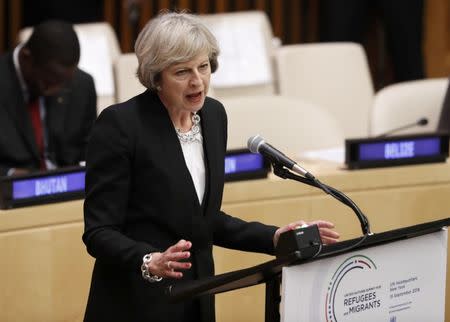 Britain's Prime Minister Theresa May speaks during a high-level meeting on addressing large movements of refugees and migrants at the United Nations General Assembly in Manhattan, New York, U.S., September 19, 2016. REUTERS/Lucas Jackson