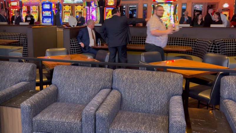 Lounge chairs and four six-person booths give the new Circa Sports sportsbook at Silverton Casino Lodge a unique feel. (Greg Haas / 8NewsNow)