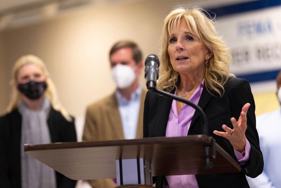 First lady Jill Biden delivers remarks at the FEMA State Disaster Recovery Center in Bowling Green, Ky., Friday, Jan. 14, 2022. - Credit: (AP Photo/Michael Clubb)