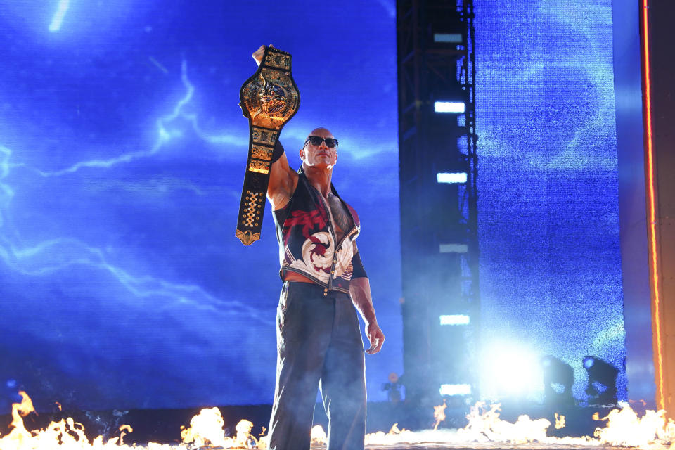 PHILADELPHIA, PENNSYLVANIA - APRIL 6: The Rock making his entrance to the ring at WrestleMania 40 at Lincoln Financial Field on April 6, 2024 in Philadelphia, Pennsylvania. (Photo by WWE/Getty Images)