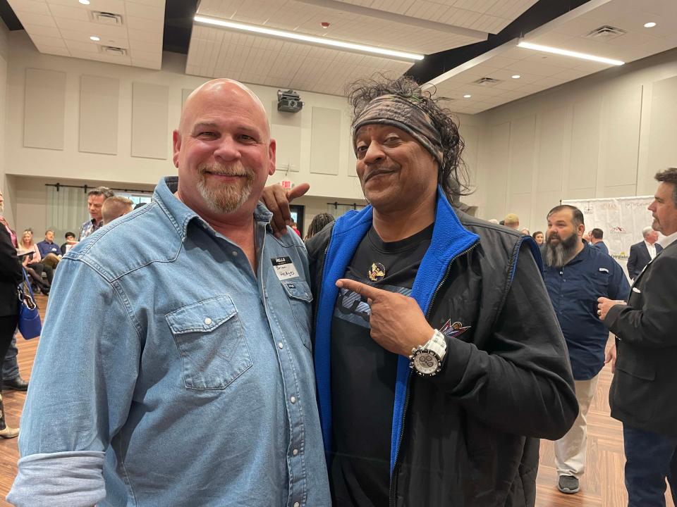 Actors Brian Hedges and Cylk Cozart (of Karns) are all smiles at the TN Actors Networking group mixer held at the Farragut Community Center Tuesday, March 29, 2022.