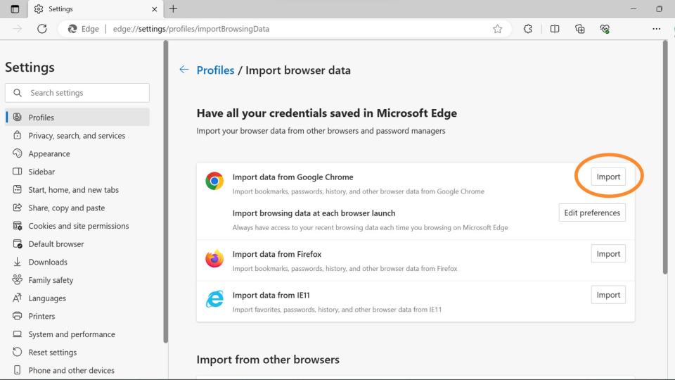 Settings to import bookmarks and data from Chrome to Microsoft Edge