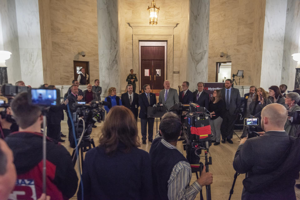 Leaders of the WVEA, AFT-WV and WVSSPA education unions called for a statewide strike beginning tomorrow at a press conference outside of the Senate chamber at the West Virginia State Capitol in Charleston, W.Va., on Monday, Feb. 18, 2019. (Craig Hudson/Charleston Gazette-Mail via AP)