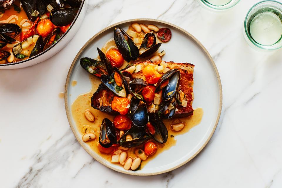 Mussels with Chorizo and Tomatoes on Toast