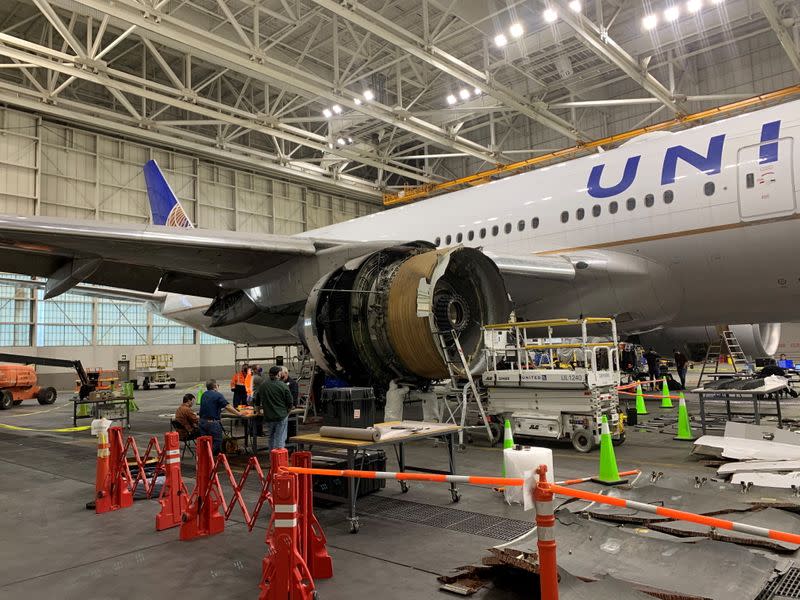 The damaged starboard engine of United Airlines flight 328 is seen following a February 20 engine failure incident