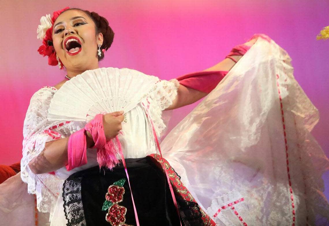 Celeste Gordiano performs ‘La Vieja’ from Veracruz at the Central East Danzantes de Tláloc 25th anniversary show at the Performing Arts Center on May 26, 2023.