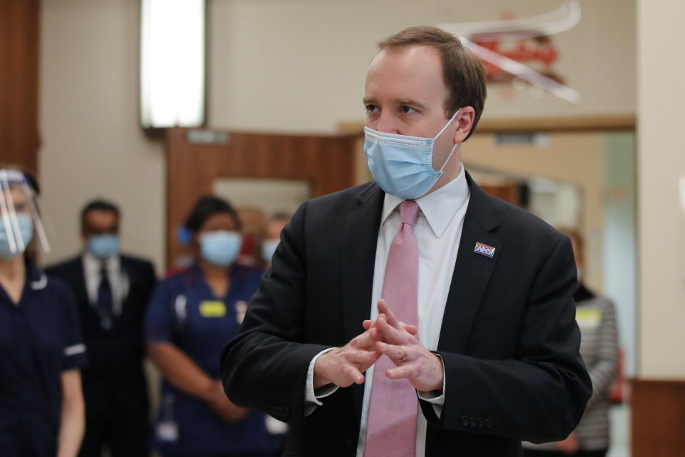 BIRMINGHAM, ENGLAND - FEBRUARY 17: Health Secretary Matt Hancock visits The Queen Elizabeth Hospital on February 17, 2021 in Birmingham, England. (Photo by Molly Darlington - WPA Pool/Getty Images)