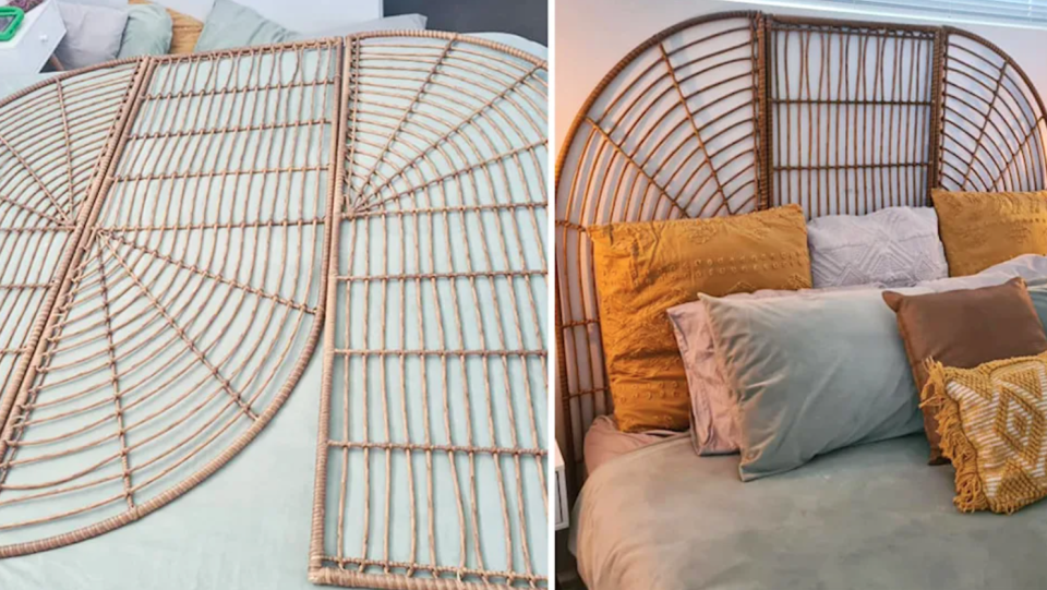 A Perth woman used two Kmart rattan screens to create this bedhead hack. Photo: Facebook/Kmart DIY and Hacks