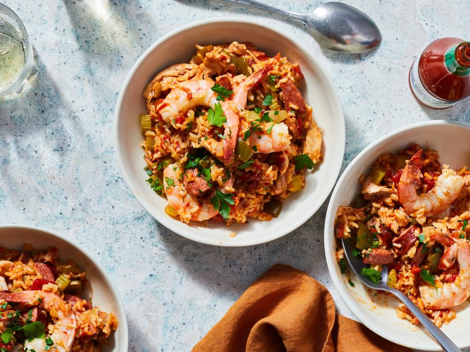<p>Have dinner ready when you come home with this ultimate, slow-cooker Jambalaya. Featuring chicken, shrimp and smoked sausage, this classic Creole rice dish is perfect for the <span>slow-cooker </span>as all the flavors blend together over time in a marvelous way. As a simple one-pot meal, bring Jambalaya to your next potluck as a crowd-pleasing dish that doesn't skimp on flavor or presentation. Don’t be afraid of making too much because leftover Jambalaya still tastes great warmed up the next day with a splash of your favorite hot sauce.</p> <p><a href="https://www.myrecipes.com/recipe/easy-slow-cooker-jambalaya" rel="nofollow noopener" target="_blank" data-ylk="slk:Easy Slow-Cooker Jambalaya Recipe;elm:context_link;itc:0;sec:content-canvas" class="link ">Easy Slow-Cooker Jambalaya Recipe</a></p>