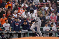 Houston Astros' Yordan Alvarez rounds the bases after a run home against the Boston Red Sox during the second inning in Game 5 of baseball's American League Championship Series Wednesday, Oct. 20, 2021, in Boston. (AP Photo/David J. Phillip)