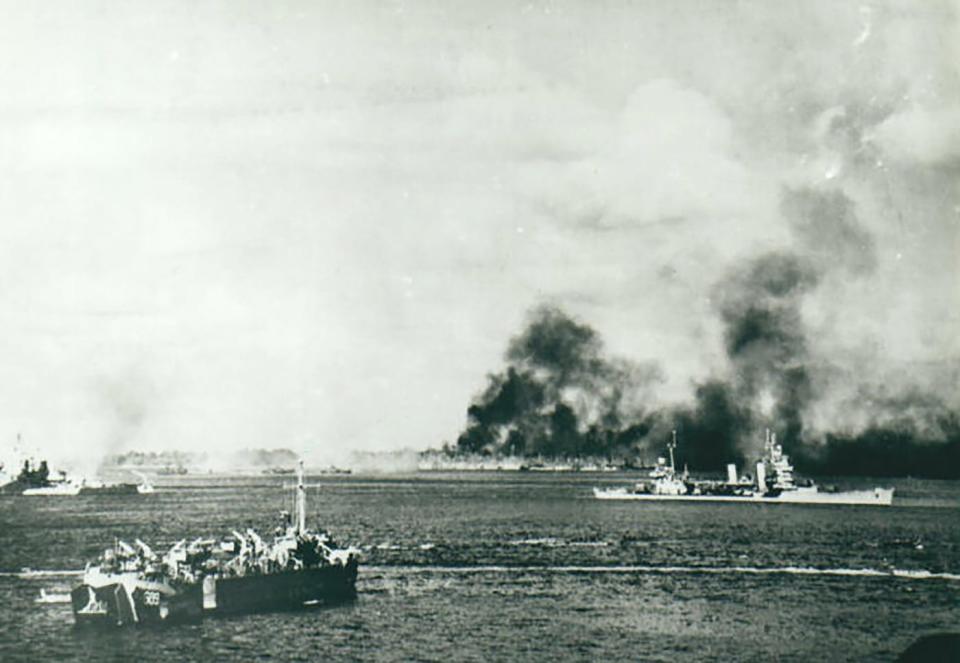 The U.S. Navy bombards Angaur in the Palau Islands in September 1944. Pfc. Carl Salo of Ashburnham would be killed during the campaign to seize the Pacific island from the Japanese.