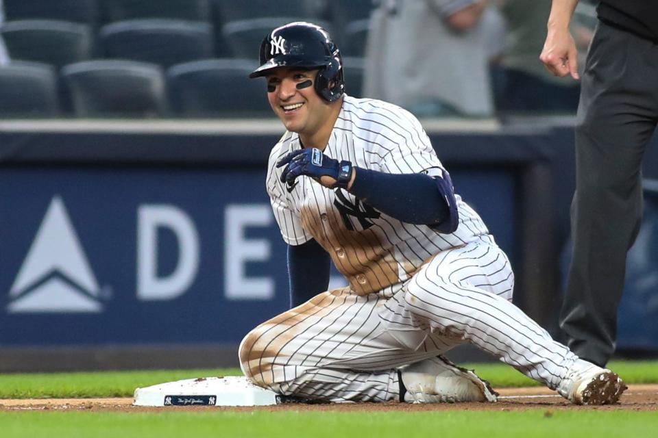 June 3, 2022; Bronx, N.Y. -- Yankees catcher Jose Trevino (39) reaches third after hitting a two run triple in the fourth inning against the Detroit Tigers at Yankee Stadium. Mandatory Credit: Wendell Cruz-USA TODAY Sports