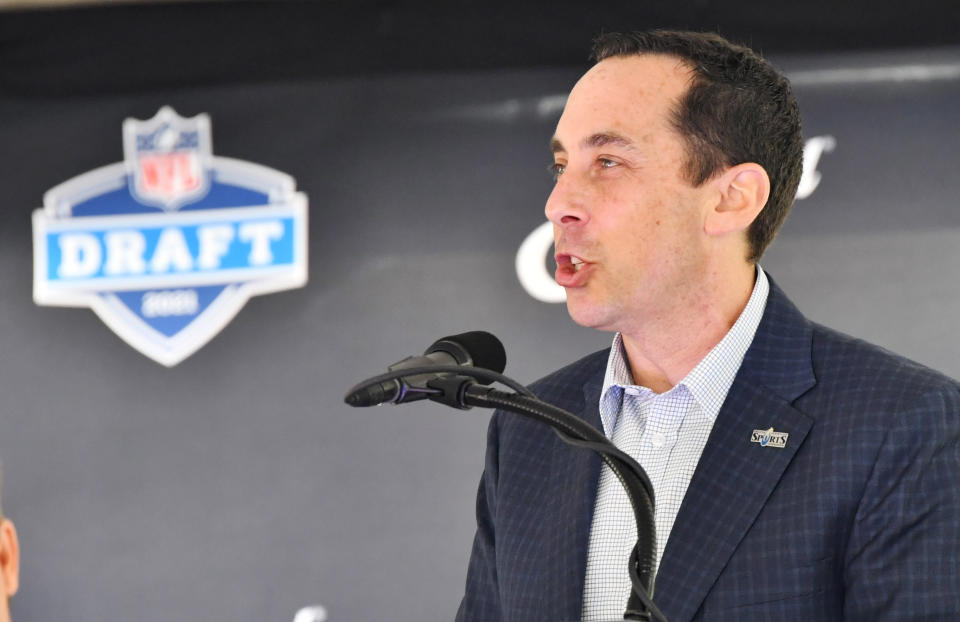 May 23, 2019; Cleveland, OH, USA; David Gilbert, President and CEO of the Greater Cleveland Sports Commission speaks during a press conference in Public Square to announce Cleveland as the host of the 2021 NFL draft. Mandatory Credit: Ken Blaze-USA TODAY Sports