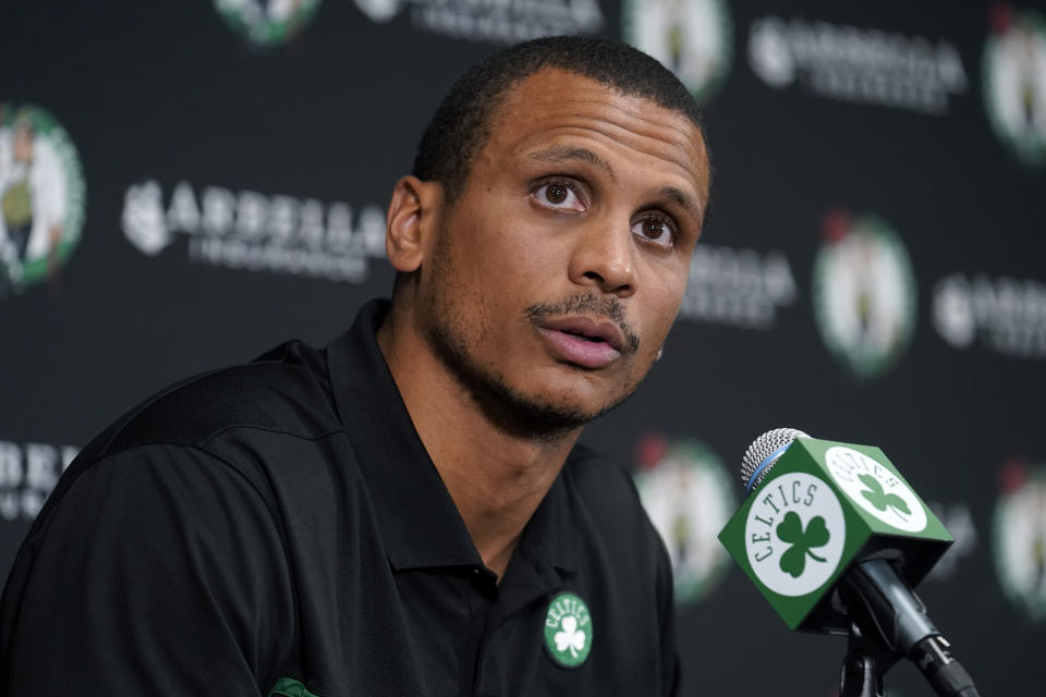 Boston Celtics interim coach Joe Mazzulla faces reporters photo during the NBA basketball team's Media Day, Monday, Sept. 26, 2022, in Canton, Mass. (AP Photo/Steven Senne)