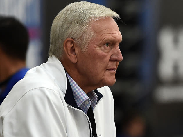 Jerry West represents the Warriors at the NBA’s 2017 pre-draft camp. (Getty Images)