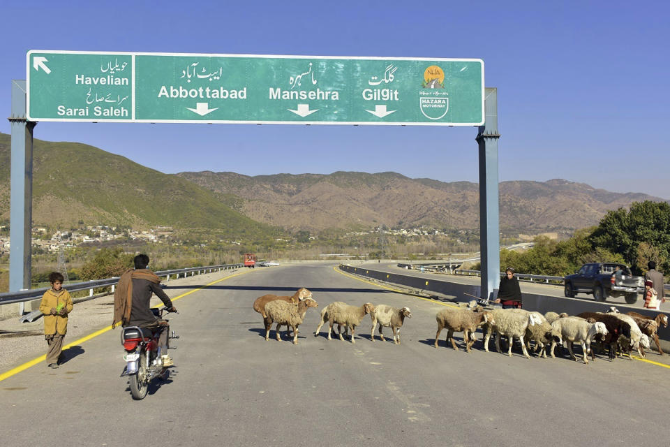 FILE - A motorcyclist drives past sheep on a newly built road in Haripur, Pakistan, on Dec. 22, 2017. China launched the Belt and Road Initiative in 2013 to expand its trade and influence by building roads, ports and other infrastructure overseas. (AP Photo/Aqeel Ahmed, File)