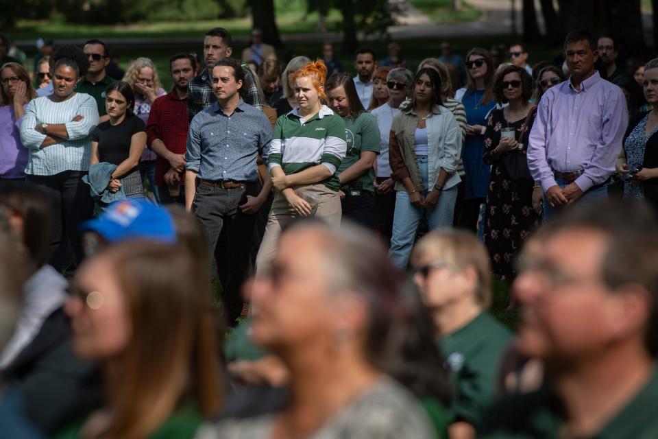 CSU students and staff members listen to an address by Interim President Rick Miranda at The Oval on Thursday.
