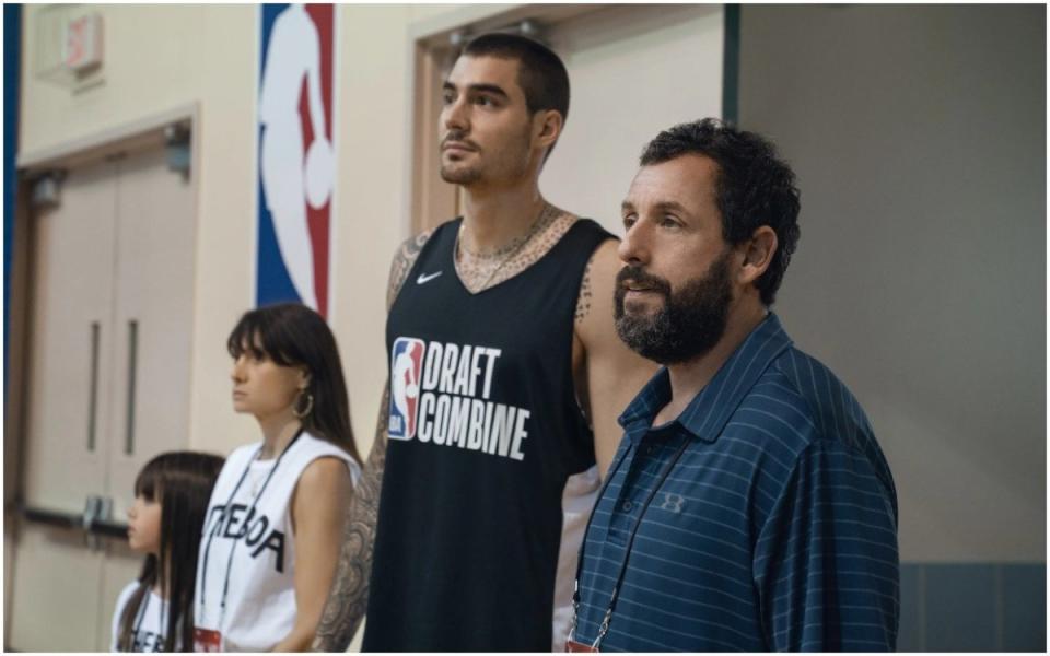 Juancho Hernangomez and Adam Sandler in 'Hustle' <p>Netflix</p>