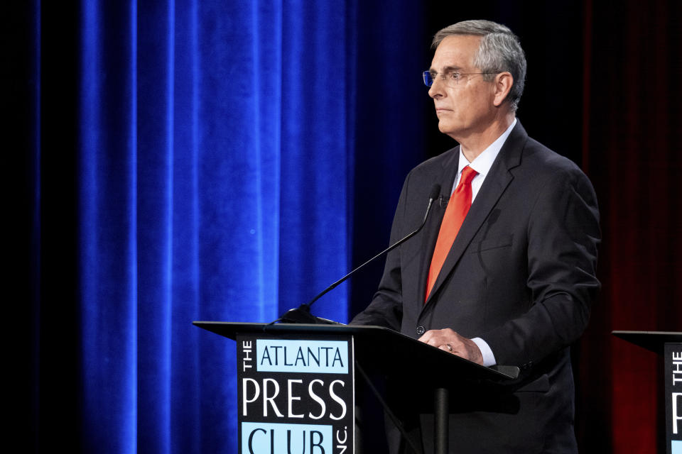 Georgia Secretary of State Brad Raffensperger during the Atlanta Press Club Loudermilk-Young Debate Series in Atlanta on Tuesday, Oct. 18, 2022. (AP Photo/Ben Gray)