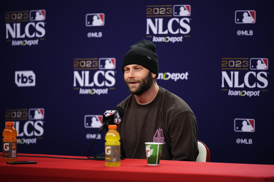 Arizona Diamondbacks' Christian Walker speaks during a news conference before the baseball NL Championship Series against the Philadelphia Phillies, Sunday, Oct. 15, 2023, in Philadelphia. The Phillies host Game 1 on Monday. (AP Photo/Matt Slocum)