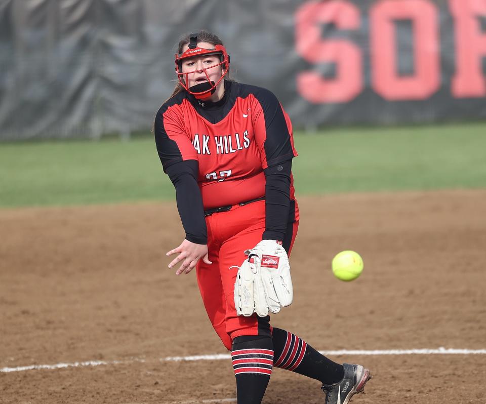 Oak Hills pitcher Avery Gottlieb (27) throws the ball during their softball game against Fairfield Friday, April 8, 2022.