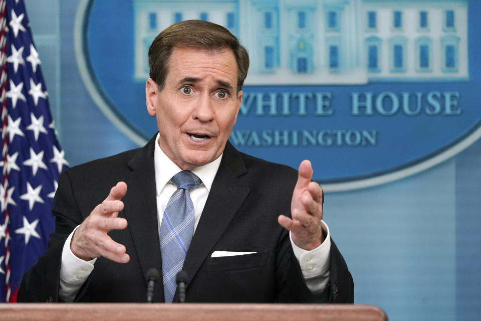 National Security Council spokesman John Kirby speaks during a press briefing at the White House, Thursday, April 6, 2023, in Washington. (AP Photo/Patrick Semansky)