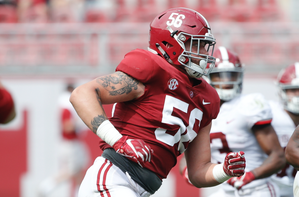 TUSCALOOSA, AL - APRIL 13: Antonio Alfano #56 of the Alabama Crimson Tide in action during the team's A-Day Spring Game at Bryant-Denny Stadium on April 13, 2019 in Tuscaloosa, Alabama. (Photo by Joe Robbins/Getty Images)