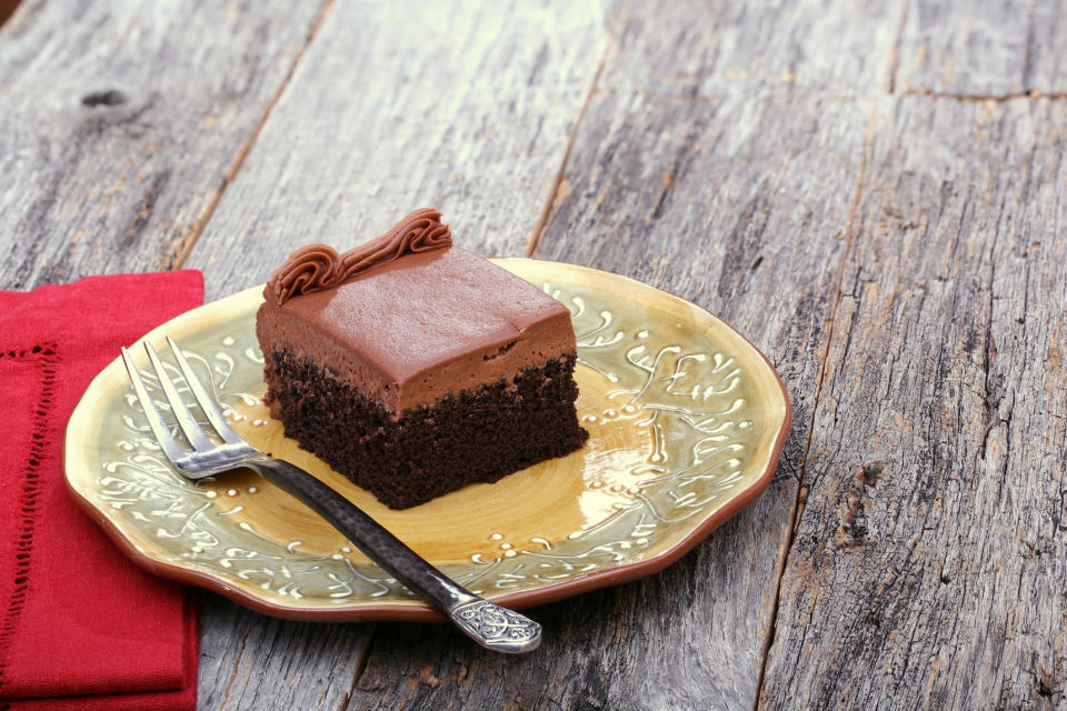 A small square of chocolate cake