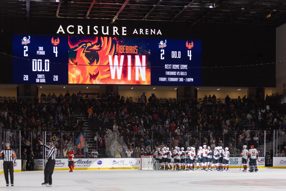 The Acrisure Arena videoboard highlights the Coachella Valley Firebirds' 4-2 win over the San Diego Gulls on Sunday, Jan. 22, 2023.