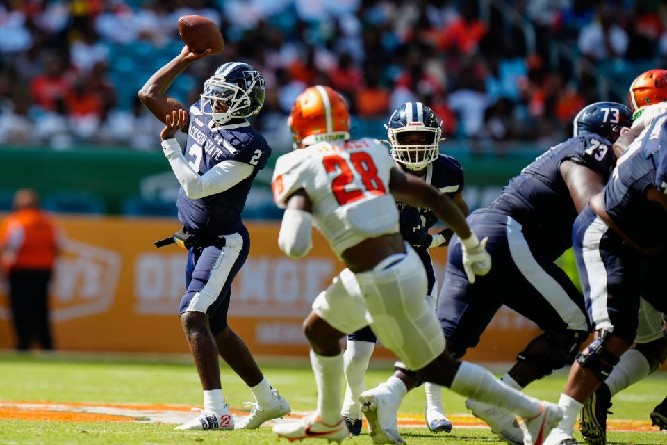 Sep 4, 2022; Miami, Florida, US; Jackson State Tigers quarterback Shedeur Sanders (2) throws a pass against the Florida A&M Rattlers during the second quarter at Hard Rock Stadium. Mandatory Credit: Rich Storry-USA TODAY Sports