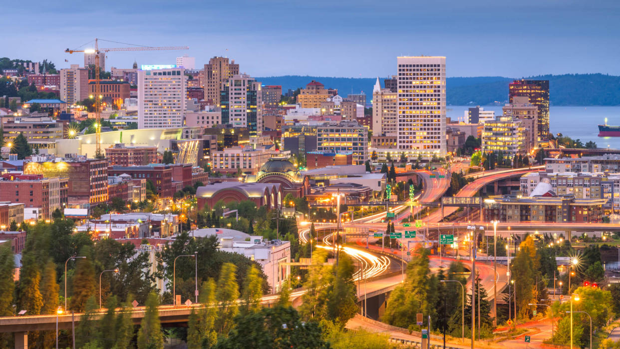 Tacoma, Washington, USA skyline at night.