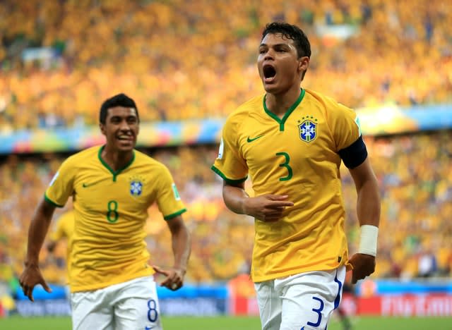 Thiago Silva, right, scored in Brazil's 2014 World Cup quarter-final win over Colombia but later picked up a needless booking which meant he was banned for the 7-1 semi-final thrashing by Germany