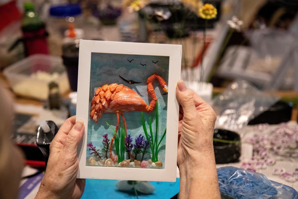 This flamingo shell art is one of the items that will be up for sale at the 87th Annual Sanibel Shell Festival March 7-9, 2024, at the Sanibel Community House on Sanibel Island.