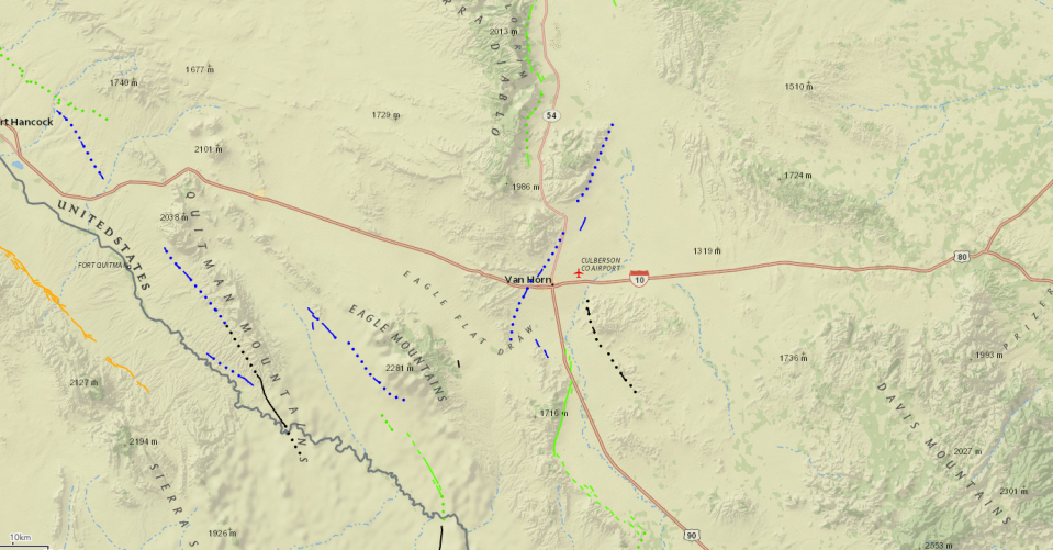 A USGS fault line map of Van Horn, Texas shows Middle and late Quaternary (< 750,000 years), and Middle and late Quaternary (< 750,000 years), fault lines as indicated by dark blue lines and dots.