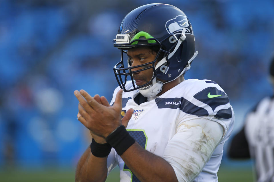 Seattle Seahawks quarterback Russell Wilson (3) reacts during the second half of an NFL football game against the Carolina Panthers in Charlotte, N.C., Sunday, Dec. 15, 2019. (AP Photo/Brian Blanco)