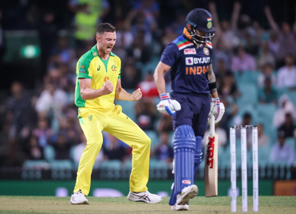 India's captain Virat Kohli (pictured right) reacts as Australia's Josh Hazlewood celebrates taking his wicket.