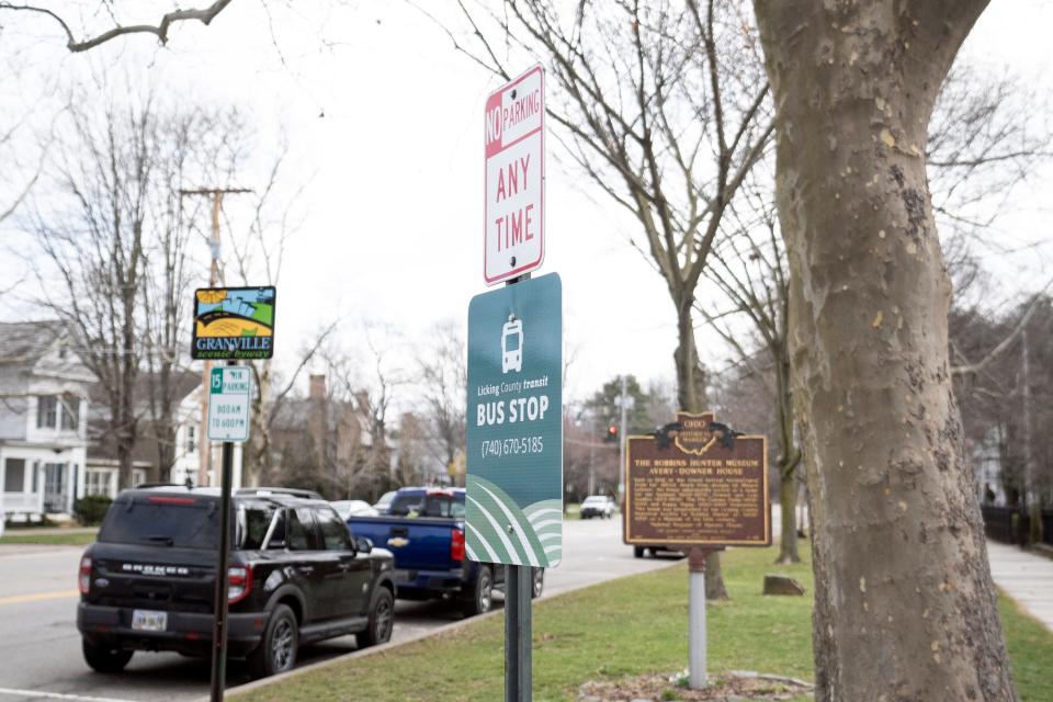 A sign indicating a stop for the new Licking County Transit bus Monday on Broadway in Granville.