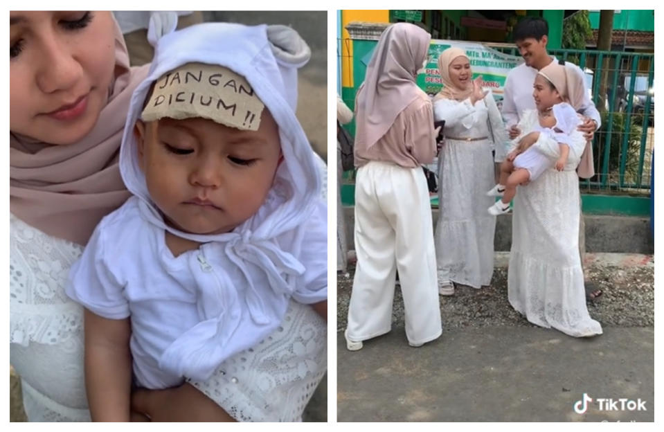 After putting a ‘no kissing’ sign on her baby’s forehead, user efadina wrote that many complimented her baby without touching nor carrying him. — Pictures via TikTok/efadina