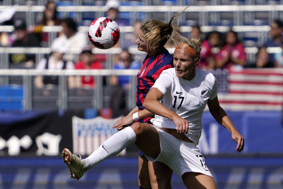 United States defender Emily Fox, left, and New Zealand forward Hannah Wilkinson try to head the ball during the first half of the 2022 SheBelieves Cup soccer match Sunday, Feb. 20, 2022, in Carson, Calif. (AP Photo/Mark J. Terrill)