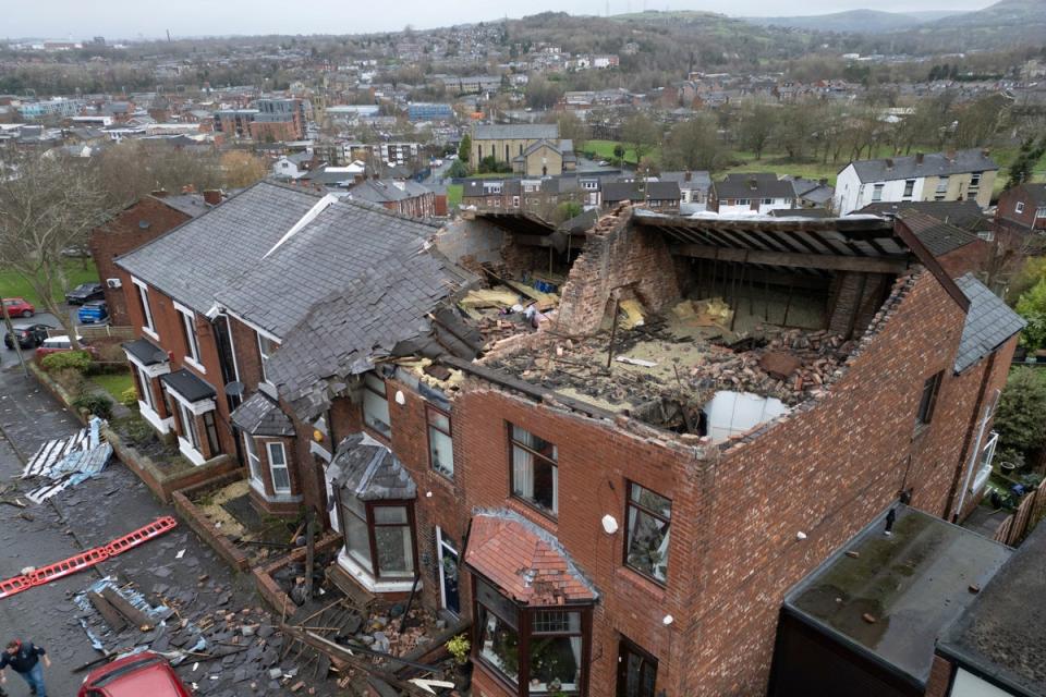 The ‘localised tornado’ ripped off roofs and brought down walls in Stalybridge (AP)