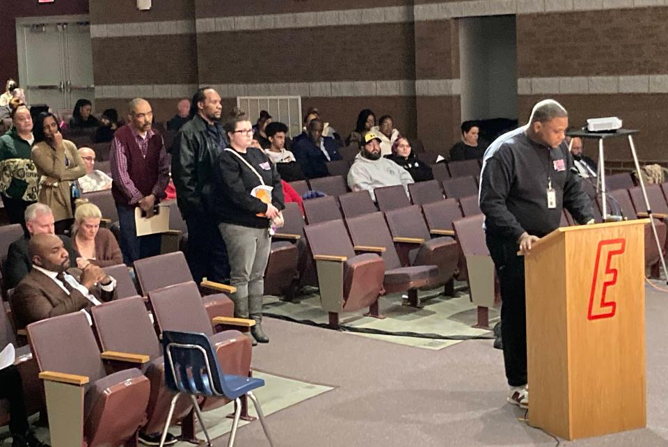 Supporters and some opponents of Erie Rise Leadership Academy Charter School lined up to speak at the Erie School Board meeting on Jan. 18.