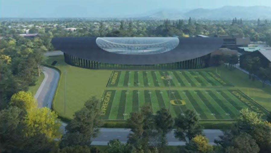 This artist's rendering show how UO hopes to expand the Autzen Stadium Complex to accommodate a new, 170,000-square-foot indoor football practice facility and two outdoor practice fields, west of Autzen Stadium