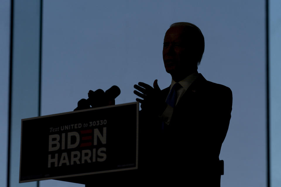 Democratic presidential candidate and former Vice President Joe Biden speaks at the Constitution Center in Philadelphia, Sunday, Sept. 20, 2020, about the Supreme Court. (AP Photo/Carolyn Kaster)