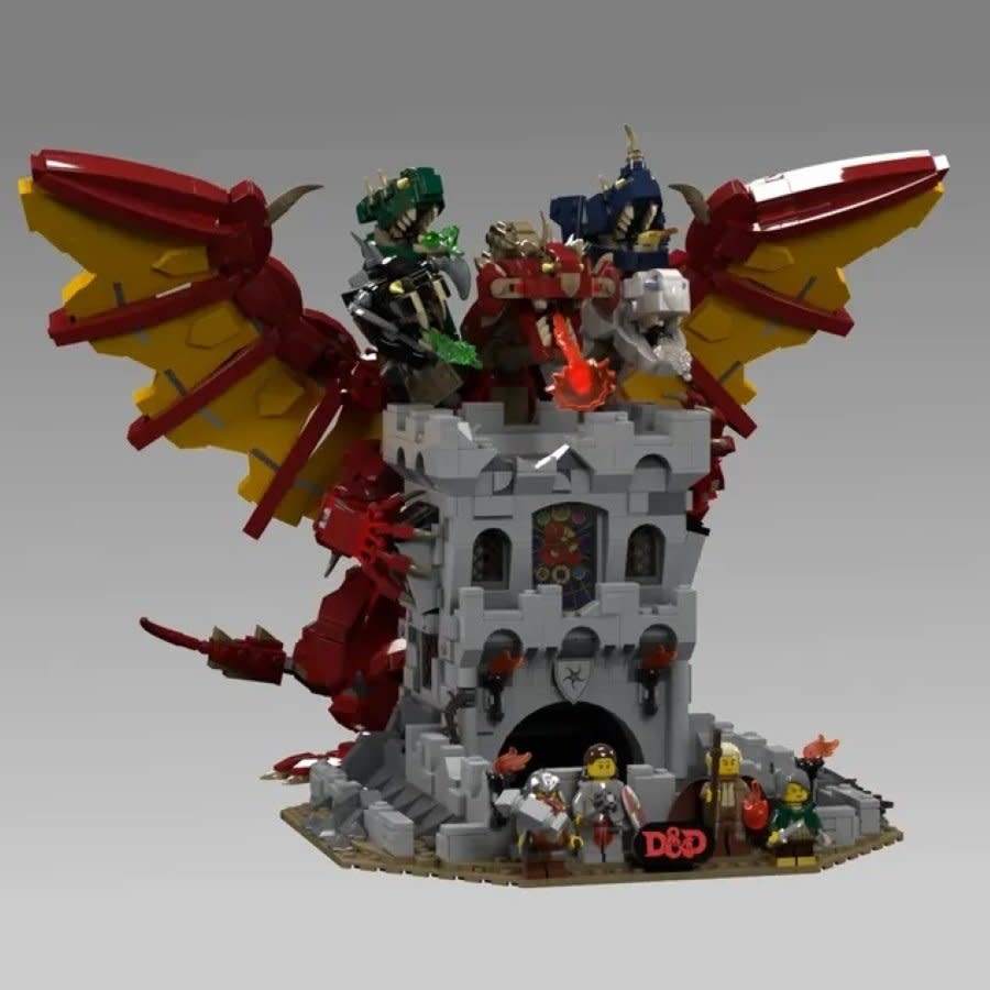 A tower with a red dragon made of LEGO