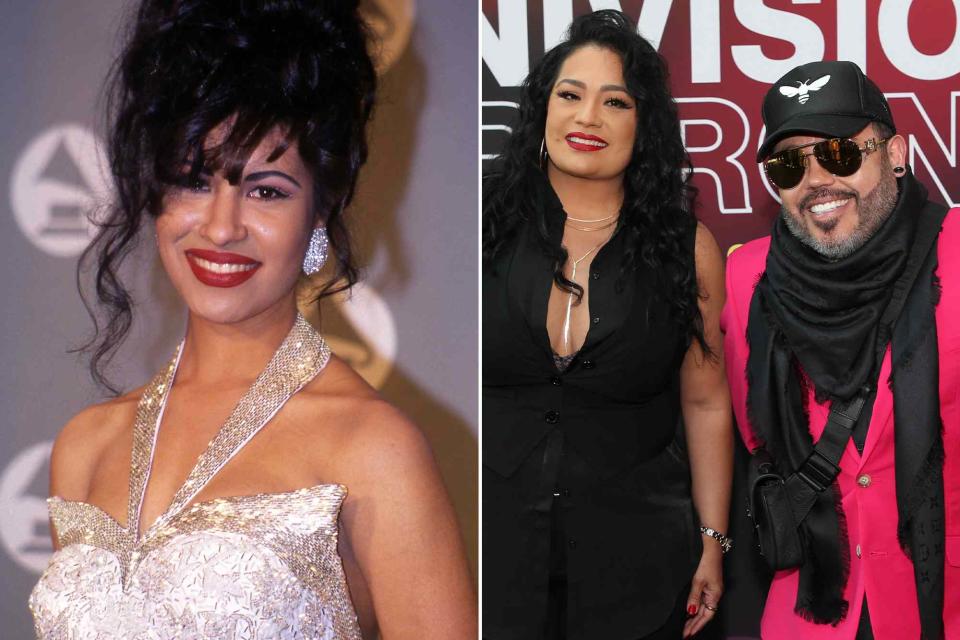 <p>Vinnie Zuffante/Getty ; Rob Kim/Getty</p> Selena in the press room at the 1994 Grammy Awards in New York City. ; Suzette Quintanilla and A.B. Quintanilla attend 2022 Univision Upfront on May 17, 2022 in New York City.