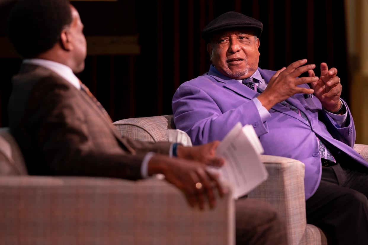 Rev. Dr. Bernard Lafayette Jr., right, speaks with Lelan A. Statom, left, during an event at the Nashville Public Library in Nashville, Tenn., Thursday, Feb. 9, 2023.