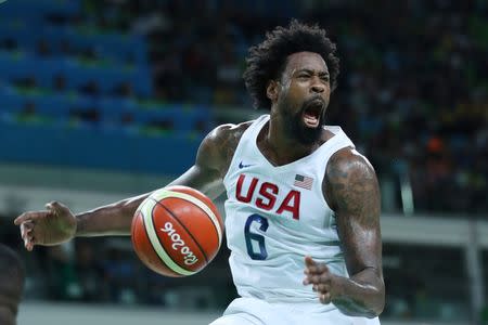 Aug 14, 2016; Rio de Janeiro, Brazil; United States center DeAndre Jordan (6) reacts after during the ball against France during the men's preliminary round in the Rio 2016 Summer Olympic Games at Carioca Arena 1. Jeff Swinger-USA TODAY Sports